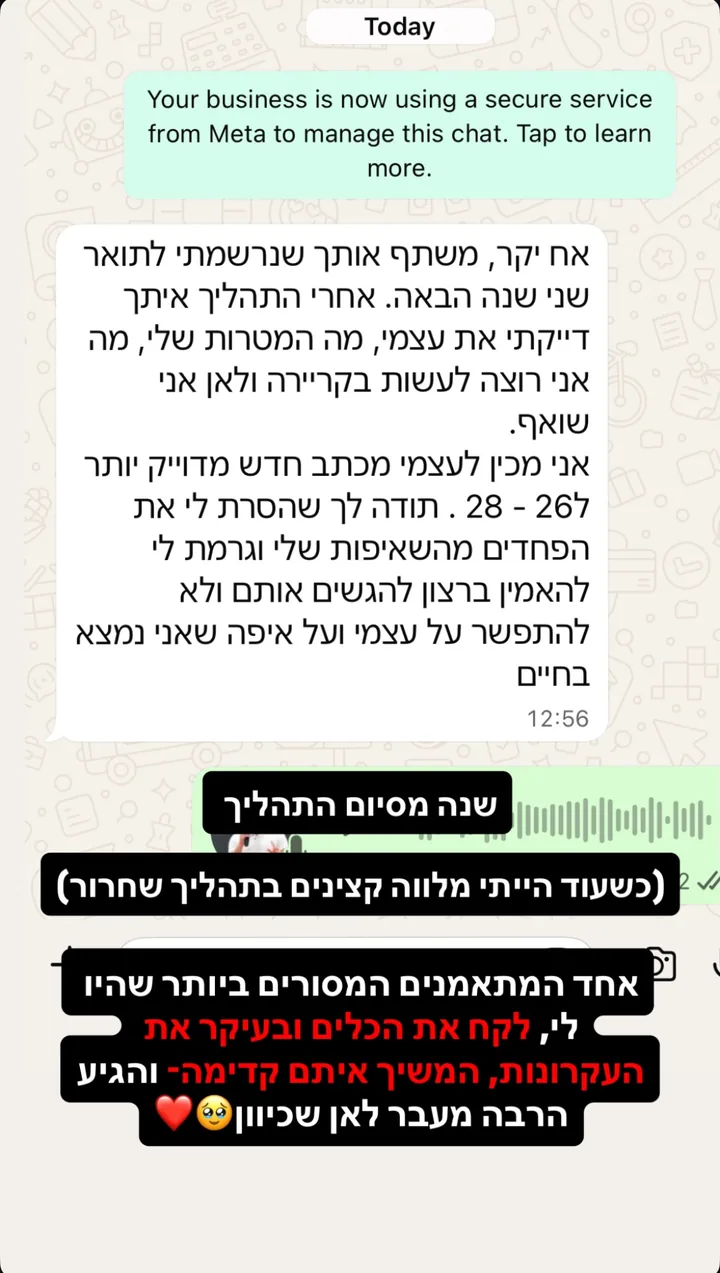 צילום מסך של הודעת וואטסאפ ממתאמן בתהליך